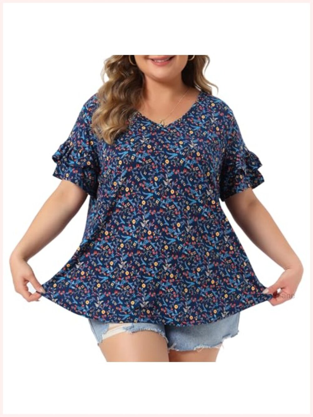 Plus Size V Neck Ruffle Sleeve Floral Blouse Casual Summer Top for Women